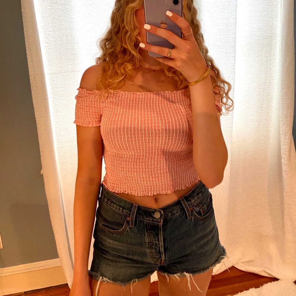 Kendall & Kylie pink/white off-shoulder crop top